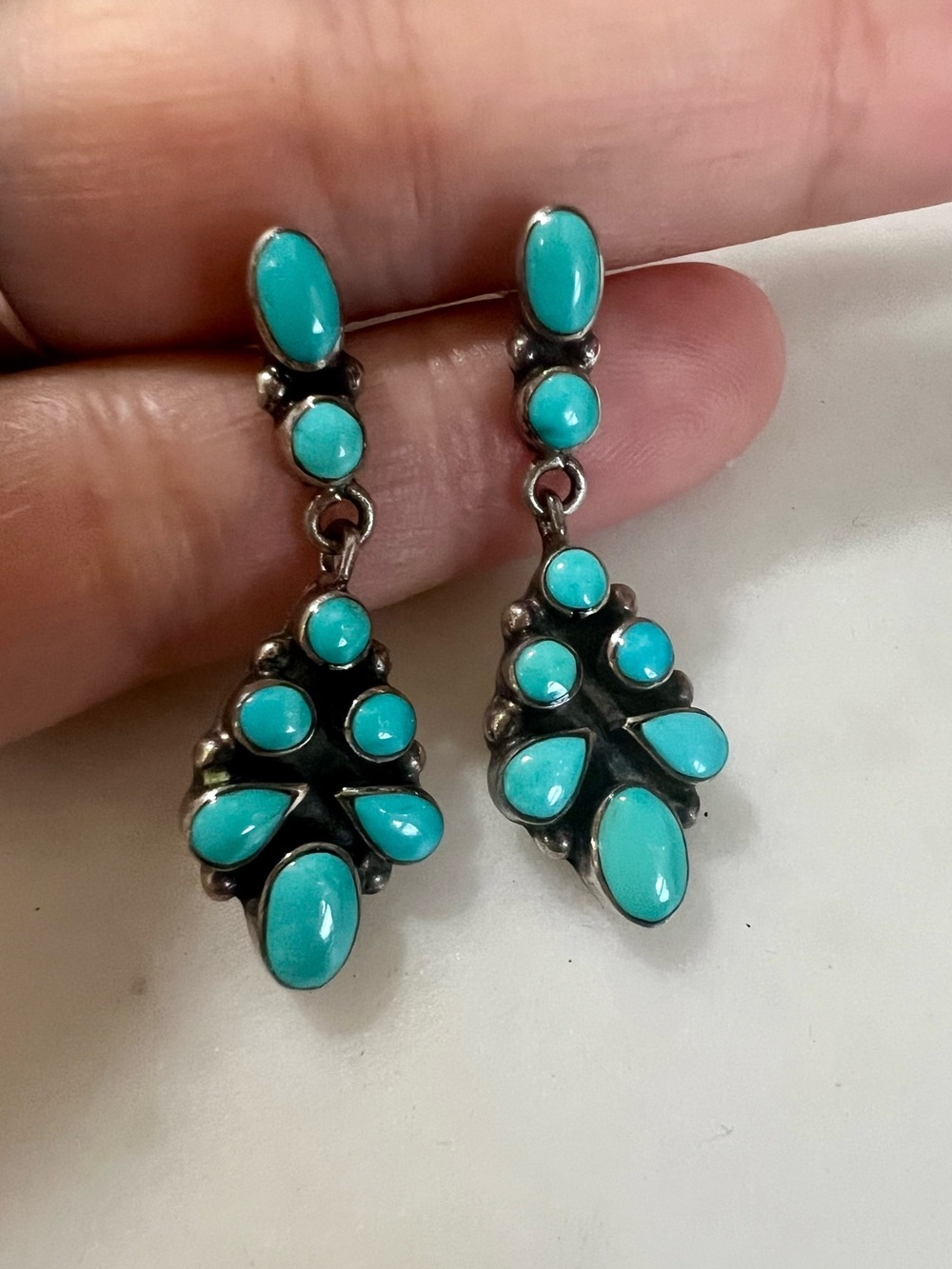 Signed SW Sterling Silver Genuine Turquoise Southwestern Cluster Dangle Earrings
